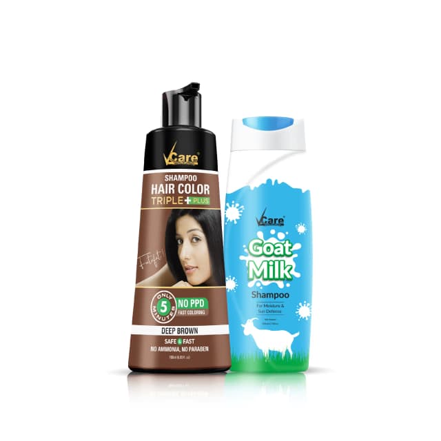 Hair Color & Nourish Combo - Shampoo Hair Color Triple Plus Brown - 180ml (pack of 1) & Goat Milk Shampoo 200ml (pack of 2)